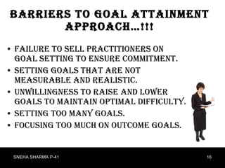 Barriers to Goal Attainment Approach…!!! Failure to sell practitioners on goal setting to ensure commitment. Setting goals that are not measurable and realistic.  Unwillingness to raise and lower goals to maintain optimal difficulty.  Setting too many goals. Focusing too much on outcome goals.  SNEHA SHARMA P-41 