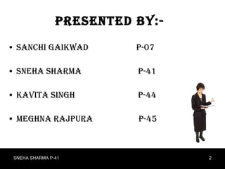 Presented by:- Sanchi Gaikwad  P-07 Sneha Sharma  P-41 Kavita Singh  P-44 Meghna Rajpura  P-45  SNEHA SHARMA P-41 