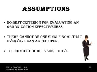 Assumptions  No best criterion for evaluating an organization effectiveness. There cannot be one single goal that everyone can agree upon. The concept of OE is subjective. SNEHA SHARMA  P-41 MEGHNA RAJPURA P-45 