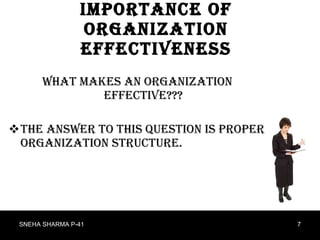 Importance of Organization Effectiveness What makes an organization effective??? The answer to this question is proper organization structure. SNEHA SHARMA P-41 
