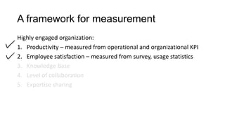 A framework for measurement
Highly engaged organization:
1. Productivity – measured from operational and organizational KPI
2. Employee satisfaction – measured from survey, usage statistics
3. Knowledge Base
4. Level of collaboration
5. Expertise sharing

 