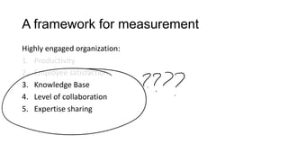 A framework for measurement
Highly engaged organization:
1. Productivity
2. Employee satisfaction
3. Knowledge Base
4. Level of collaboration
5. Expertise sharing

 