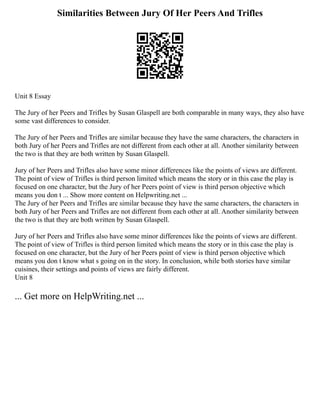Similarities Between Jury Of Her Peers And Trifles
Unit 8 Essay
The Jury of her Peers and Trifles by Susan Glaspell are both comparable in many ways, they also have
some vast differences to consider.
The Jury of her Peers and Trifles are similar because they have the same characters, the characters in
both Jury of her Peers and Trifles are not different from each other at all. Another similarity between
the two is that they are both written by Susan Glaspell.
Jury of her Peers and Trifles also have some minor differences like the points of views are different.
The point of view of Trifles is third person limited which means the story or in this case the play is
focused on one character, but the Jury of her Peers point of view is third person objective which
means you don t ... Show more content on Helpwriting.net ...
The Jury of her Peers and Trifles are similar because they have the same characters, the characters in
both Jury of her Peers and Trifles are not different from each other at all. Another similarity between
the two is that they are both written by Susan Glaspell.
Jury of her Peers and Trifles also have some minor differences like the points of views are different.
The point of view of Trifles is third person limited which means the story or in this case the play is
focused on one character, but the Jury of her Peers point of view is third person objective which
means you don t know what s going on in the story. In conclusion, while both stories have similar
cuisines, their settings and points of views are fairly different.
Unit 8
... Get more on HelpWriting.net ...
 