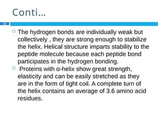 Conti…
23
 The hydrogen bonds are individually weak but
collectively , they are strong enough to stabilize
the helix. Helical structure imparts stability to the
peptide molecule because each peptide bond
participates in the hydrogen bonding.
 Proteins with α-helix show great strength,
elasticity and can be easily stretched as they
are in the form of tight coil. A complete turn of
the helix contains an average of 3.6 amino acid
residues.
 