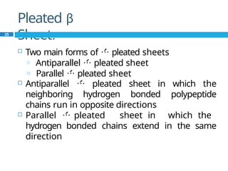 Pleated β
Sheet:
25
 Two main forms of  pleated sheets
o Antiparallel  pleated sheet
o Parallel  pleated sheet
 Antiparallel  pleated sheet in which the
neighboring hydrogen bonded polypeptide
chains run in opposite directions
 Parallel  pleated sheet in which the
hydrogen bonded chains extend in the same
direction
 