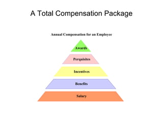 A Total Compensation Package Awards Perquisites Incentives Benefits Salary Annual Compensation for an Employee 