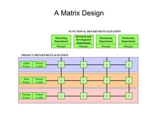 A Matrix Design Marketing Department Manager Research and Development Department Manager Purchasing Department Manager Production Department Manager FUNCTIONAL DEPARTMENTALIZATION PROJECT DEPARTMENTALIZATION Alpha Project Project Leader Beta Project Project Leader Gamma Project Project Leader E E E E E E E E E E E E 