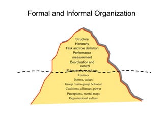 Formal and Informal Organization Routines Norms, values Group / inter-group behavior Coalitions, alliances, power Perceptions, mental maps Organizational culture Structure Hierarchy Task and role definition Performance measurement Coordination and control Rules and procedures 