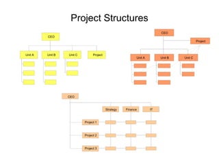 Project Structures CEO Unit A Unit B Unit C Project Project 3 Project 2 Project 1 Strategy Finance IT CEO Unit A Unit B Unit C CEO Project 