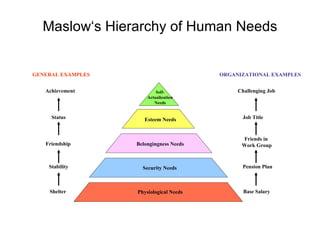 Maslow‘s Hierarchy of Human Needs Self- Actualization Needs Esteem Needs Belongingness Needs Security Needs Physiological Needs GENERAL EXAMPLES ORGANIZATIONAL EXAMPLES Challenging Job Job Title Friends in Work Group Pension Plan Base Salary Achievement Status Friendship Stability Shelter 