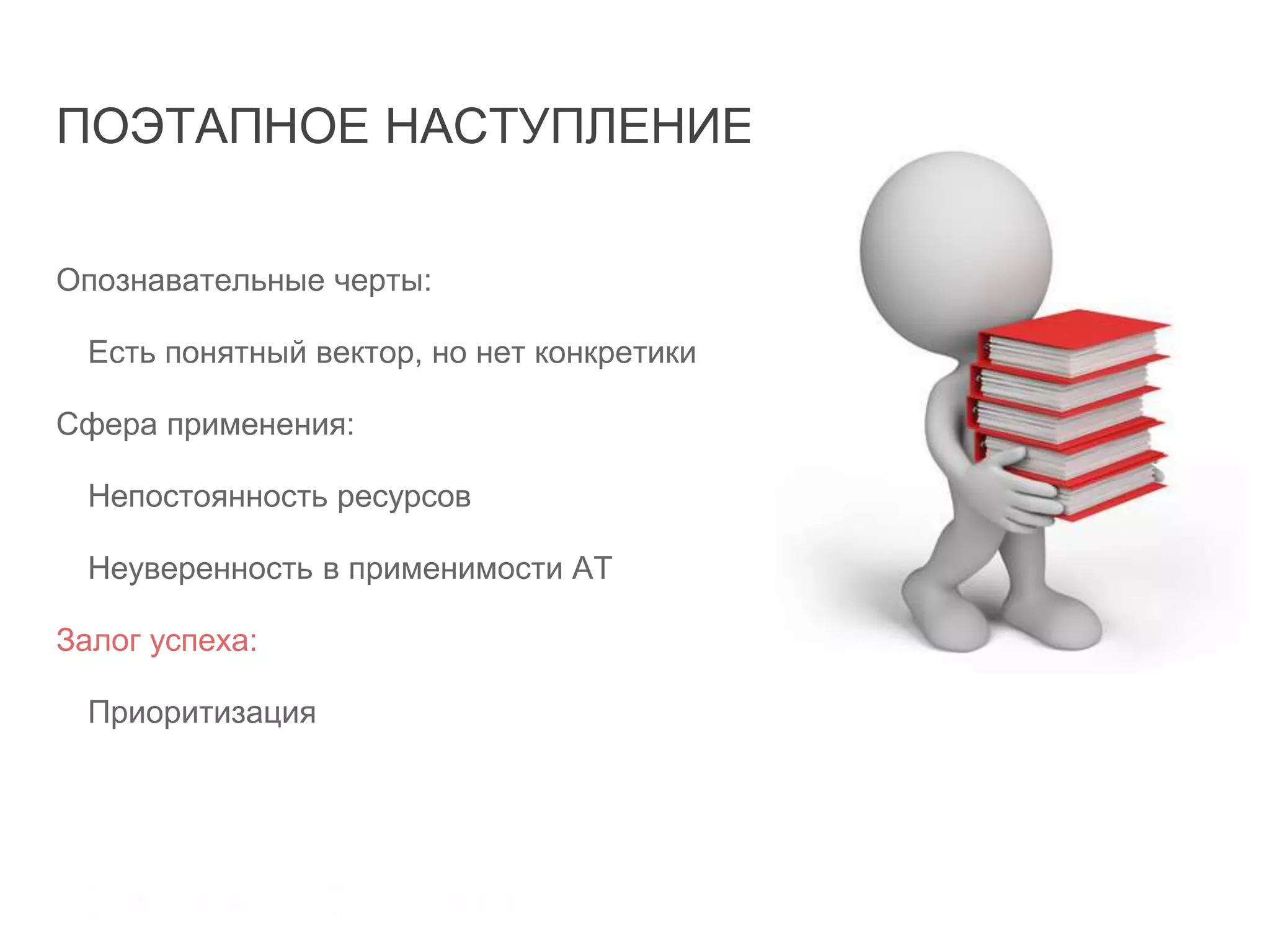 ПОЭТАПНОЕ НАСТУПЛЕНИЕ
Опознавательные черты:
Есть понятный вектор, но нет конкретики
Сфера применения:
Непостоянность ресурсов
Неуверенность в применимости АТ
Залог успеха:
Приоритизация
 