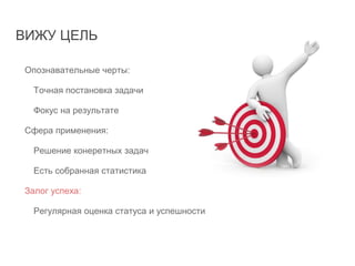 ВИЖУ ЦЕЛЬ
Опознавательные черты:
Точная постановка задачи
Фокус на результате
Сфера применения:
Решение конеретных задач
Есть собранная статистика
Залог успеха:
Регулярная оценка статуса и успешности
 
