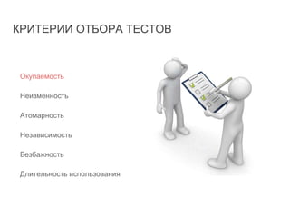 КРИТЕРИИ ОТБОРА ТЕСТОВ
Окупаемость
Неизменность
Атомарность
Независимость
Безбажность
Длительность использования
 