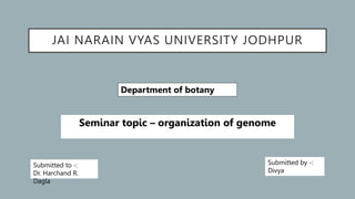 JAI NARAIN VYAS UNIVERSITY JODHPUR
Seminar topic – organization of genome
Submitted to -:
Dr. Harchand R.
Dagla
Submitted by -:
Divya
Department of botany
 