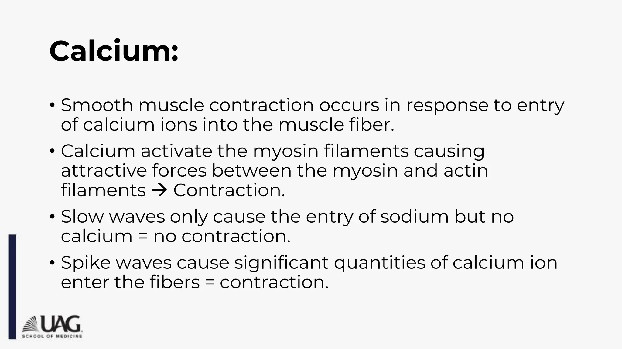 Calcium:
• Smooth muscle contraction occurs in response to entry
of calcium ions into the muscle fiber.
• Calcium activate the myosin filaments causing
attractive forces between the myosin and actin
filaments → Contraction.
• Slow waves only cause the entry of sodium but no
calcium = no contraction.
• Spike waves cause significant quantities of calcium ion
enter the fibers = contraction.
 