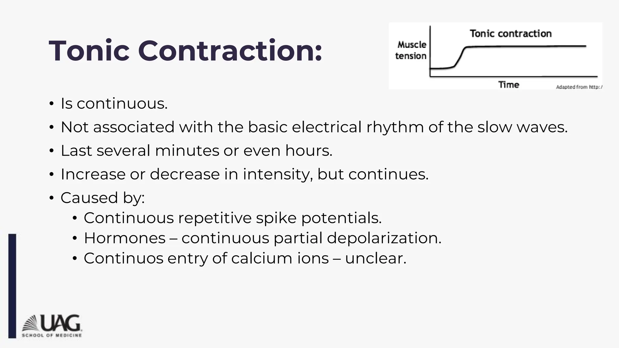 Tonic Contraction:
• Is continuous.
• Not associated with the basic electrical rhythm of the slow waves.
• Last several minutes or even hours.
• Increase or decrease in intensity, but continues.
• Caused by:
• Continuous repetitive spike potentials.
• Hormones – continuous partial depolarization.
• Continuos entry of calcium ions – unclear.
 