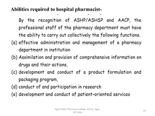Abilities required to hospital pharmacist-
19
Agra Public Pharmacy College, Artoni, Agra,
UP, India
 