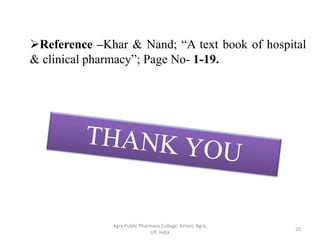 Reference –Khar & Nand; “A text book of hospital
& clinical pharmacy”; Page No- 1-19.
20
Agra Public Pharmacy College, Artoni, Agra,
UP, India
 