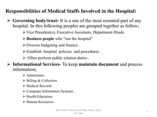 Responsibilities of Medical Staffs Involved in the Hospital:
 Governing body/trust- It is a one of the most essential part of any
hospital. In this following peoples are grouped together as follow;
 Vice President(s), Executive Assistants, Department Heads
 Business people who “run the hospital”
 Oversee budgeting and finance .
 Establish hospital policies and procedures .
 Often perform public relation duties .
 Informational Services- To keep maintain document and process
information;
 Admissions .
 Billing & Collection .
 Medical Records .
 Computer Information Systems .
 Health Education .
 Human Resources .
7
Agra Public Pharmacy College, Artoni, Agra,
UP, India
 