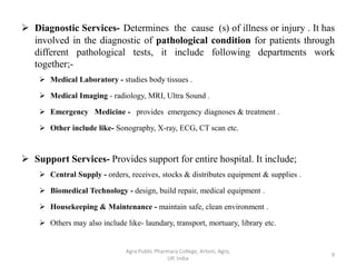  Diagnostic Services- Determines the cause (s) of illness or injury . It has
involved in the diagnostic of pathological condition for patients through
different pathological tests, it include following departments work
together;-
 Medical Laboratory - studies body tissues .
 Medical Imaging - radiology, MRI, Ultra Sound .
 Emergency Medicine - provides emergency diagnoses & treatment .
 Other include like- Sonography, X-ray, ECG, CT scan etc.
 Support Services- Provides support for entire hospital. It include;
 Central Supply - orders, receives, stocks & distributes equipment & supplies .
 Biomedical Technology - design, build repair, medical equipment .
 Housekeeping & Maintenance - maintain safe, clean environment .
 Others may also include like- laundary, transport, mortuary, library etc.
9
Agra Public Pharmacy College, Artoni, Agra,
UP, India
 