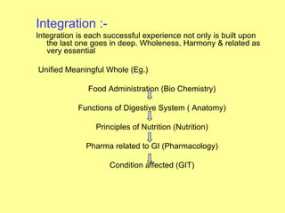 Integration :-
Integration is each successful experience not only is built upon
   the last one goes in deep. Wholeness, Harmony & related as
   very essential

Unified Meaningful Whole (Eg.)

              Food Administration (Bio Chemistry)

            Functions of Digestive System ( Anatomy)

                 Principles of Nutrition (Nutrition)

              Pharma related to GI (Pharmacology)

                     Condition affected (GIT)
 