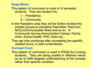 Swap Block :
This pattern of curriculum is most in VI semester
   students. They are divided into
        I – Paediatrics
        II – Community
In the Paediatric area they will be further divided into
   smaller groups to complete Paed.Med, Paed.Sur,
   NICU,Communicable Ward and so on. In
   Community Survey,Immunization Camps, Family
   visits, School health, PHC Visits etc.,
They get inter exchange after completing the specific
   needed hours, in each small blocks.
Concept Clock :
This pattern of curriculum is used in PG(M.Sc) nursing
   students. They are being posted in different wards
   so as to fulfill deepest understanding of the concept
   rather than specific condition.
 