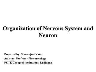Organization of Nervous System and
Neuron
Prepared by: Simranjeet Kaur
Assistant Professor Pharmacology
PCTE Group of Institutions, Ludhiana
 