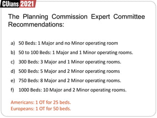 The Planning Commission Expert Committee
Recommendations:
a) 50 Beds: 1 Major and no Minor operating room
b) 50 to 100 Beds: 1 Major and 1 Minor operating rooms.
c) 300 Beds: 3 Major and 1 Minor operating rooms.
d) 500 Beds: 5 Major and 2 Minor operating rooms
e) 750 Beds: 8 Major and 2 Minor operating rooms.
f) 1000 Beds: 10 Major and 2 Minor operating rooms.
Americans: 1 OT for 25 beds.
Europeans: 1 OT for 50 beds.
 