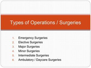 1. Emergency Surgeries
2. Elective Surgeries
3. Major Surgeries
4. Minor Surgeries
5. Intermediate Surgeries
6. Ambulatory / Daycare Surgeries
Types of Operations / Surgeries
 