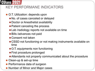 KEY PERFORMANE INDICATORS
⚫ O.T. Utilization: depends upon
⚫No. of cases canceled or delayed
⚫Doctor or Anesthetist availability
⚫Patient canceling the process
⚫Lab /radiology reports not available on time
⚫Bills /advances not paid
⚫Consent not taken
⚫CSSD not functioning or not making instruments available on
time
⚫O.T. equipments non functioning
⚫First procedure prolonged
⚫Attendants not properly communicated about the procedure
⚫ Clean-up & set-up time
⚫ Performance data of surgeon
⚫ Number of Minor and Major cases
 