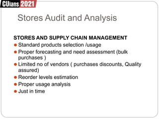 Stores Audit and Analysis
STORES AND SUPPLY CHAIN MANAGEMENT
⚫ Standard products selection /usage
⚫ Proper forecasting and need assessment (bulk
purchases )
⚫ Limited no of vendors ( purchases discounts, Quality
assured)
⚫ Reorder levels estimation
⚫ Proper usage analysis
⚫ Just in time
 