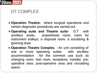 OT COMPLEX
⚫ Operation Theatre: where surgical operations and
certain diagnostic procedures are carried out.
⚫ Operating suite and
ancillary areas, anaesthesia room,
Theatre suite- O.T with
room for
instrument trolleys, a disposal room, a scrubbing &
gowning area.
⚫ Operation Theatre Complex. : An unit consisting of
one or more operating
accommodation for the
suites
common
with ancillary
use such as
changing room, rest room, receptions, transfer, pre-
operative area, post-operative area and circulating
space.
 