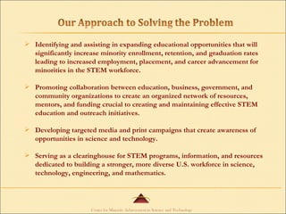 Identifying and assisting in expanding educational opportunities that will significantly increase minority enrollment, retention, and graduation rates leading to increased employment, placement, and career advancement for minorities in the STEM workforce. Promoting collaboration between education, business, government, and community organizations to create an organized network of resources, mentors, and funding crucial to creating and maintaining effective STEM education and outreach initiatives. Developing targeted media and print campaigns that create awareness of opportunities in science and technology. Serving as a clearinghouse for STEM programs, information, and resources dedicated to building a stronger, more diverse U.S. workforce in science, technology, engineering, and mathematics. 