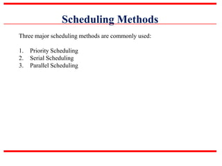 Scheduling Methods
Three major scheduling methods are commonly used:
1. Priority Scheduling
2. Serial Scheduling
3. Parallel Scheduling
 