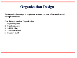 Organization Design
The organization design is a dynamic process, yet most of the models and
concepts are static.
Five Basic parts of an Organization
1. Operating core
2. Strategic Apex
3. Middle Line
4. Technostructure
5. Support Staff
 