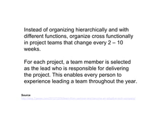 # 1: Purpose
What is meaningful.
# 2: Mastery
The urge to get better.
# 3: Autonomy
The desire to be self directed.
3 factors lead to better performance
and personal satisfaction:
Daniel Pink
http://www.youtube.com/watch?v=u6XAPnuFjJc
 
