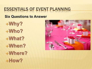 ESSENTIALS OF EVENT PLANNING
Why?
Who?
What?
When?
Where?
How?
Six Questions to Answer
 