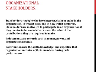 ORGANIZATIONAL
STAKEHOLDERS.
Stakeholders – people who have interest, claim or stake in the
organization, in what it does, and in how well it performs.
Stakeholders are motivated to participate in an organization if
they receive inducements that exceed the value of the
contributions they are required to make.
Inducements are rewards such as money, power, and
organizational status.
Contributions are the skills, knowledge, and expertise that
organizations require of their members during task
performance.
 