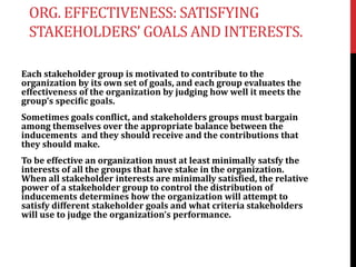 ORG. EFFECTIVENESS: SATISFYING
STAKEHOLDERS’ GOALS AND INTERESTS.
Each stakeholder group is motivated to contribute to the
organization by its own set of goals, and each group evaluates the
effectiveness of the organization by judging how well it meets the
group’s specific goals.
Sometimes goals conflict, and stakeholders groups must bargain
among themselves over the appropriate balance between the
inducements and they should receive and the contributions that
they should make.
To be effective an organization must at least minimally satsfy the
interests of all the groups that have stake in the organization.
When all stakeholder interests are minimally satisfied, the relative
power of a stakeholder group to control the distribution of
inducements determines how the organization will attempt to
satisfy different stakeholder goals and what criteria stakeholders
will use to judge the organization’s performance.
 
