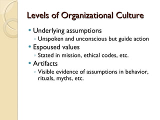 Levels of Organizational Culture Underlying assumptions Unspoken and unconscious but guide action Espoused values Stated in mission, ethical codes, etc. Artifacts Visible evidence of assumptions in behavior, rituals, myths, etc. 