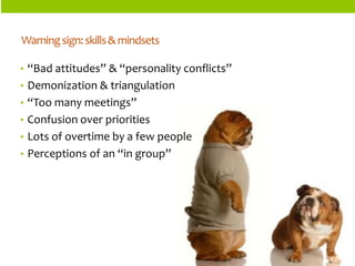 ORGANIZATIONSTRUCTURES 
•“Bad attitudes” & “personality conflicts” 
•Demonization & triangulation 
•“Too many meetings” 
•Confusion over priorities 
•Lots of overtime by a few people 
•Perceptions of an “in group” 
Warning sign: skills & mindsets  
