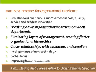 ORGANIZATIONSTRUCTURES 
MIT: Best Practices for Organizational Excellence 
1.Simultaneous continuous improvement in cost, quality, service and product innovation 
2.Breaking down organizational barriers between departments 
3.Eliminating layers of management, creating flatter organizational hierarchies 
4.Closer relationships with customers and suppliers 
5.Intelligent use of new technology 
6.Global focus 
7.Improving human resource skills 
Hm…..telling that 3areas relate to Organizational Structure  