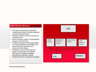 Matrix Division Structure
                                                                             CEO
  This tries simultaneously to deal with
   competing pressures for global integration
   and local responsiveness.
  Institutes overlaps among functional and
   divisional forms.
  Gives functional, product, and geographic     Textile      Agricultural   Europe-Africa
   groups a common focus.                                                                      Latin
                                                 Groups       Products       Group
  It makes each group share responsibility                                                    America
                                                              Group
   for foreign operations and enables each                                                     Group
   group exchange information and
   resources more willingly.
  Drawbacks- Stop championing their
   group’s unique needs, and thereby
   eliminate the multiple knowledge-
   generating and decision making
   relationship that it is supposed to engage.             U.K.                              Mexico



International Business
 