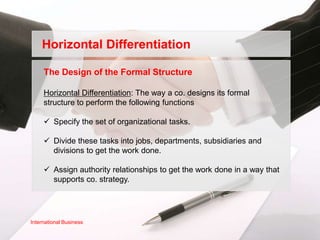 Horizontal Differentiation

     The Design of the Formal Structure

     Horizontal Differentiation: The way a co. designs its formal
     structure to perform the following functions

      Specify the set of organizational tasks.

      Divide these tasks into jobs, departments, subsidiaries and
       divisions to get the work done.

      Assign authority relationships to get the work done in a way that
       supports co. strategy.




International Business
 