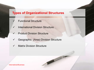 Types of Organizational Structures

            Functional Structure

            International Division Structure

            Product Division Structure

            Geographic (Area) Division Structure

            Matrix Division Structure




International Business
 
