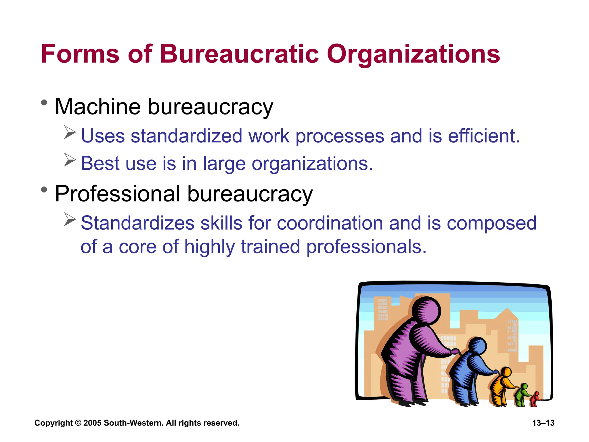 Copyright © 2005 South-Western. All rights reserved. 13–13
Forms of Bureaucratic Organizations
• Machine bureaucracy
Uses standardized work processes and is efficient.
Best use is in large organizations.
• Professional bureaucracy
Standardizes skills for coordination and is composed
of a core of highly trained professionals.
 