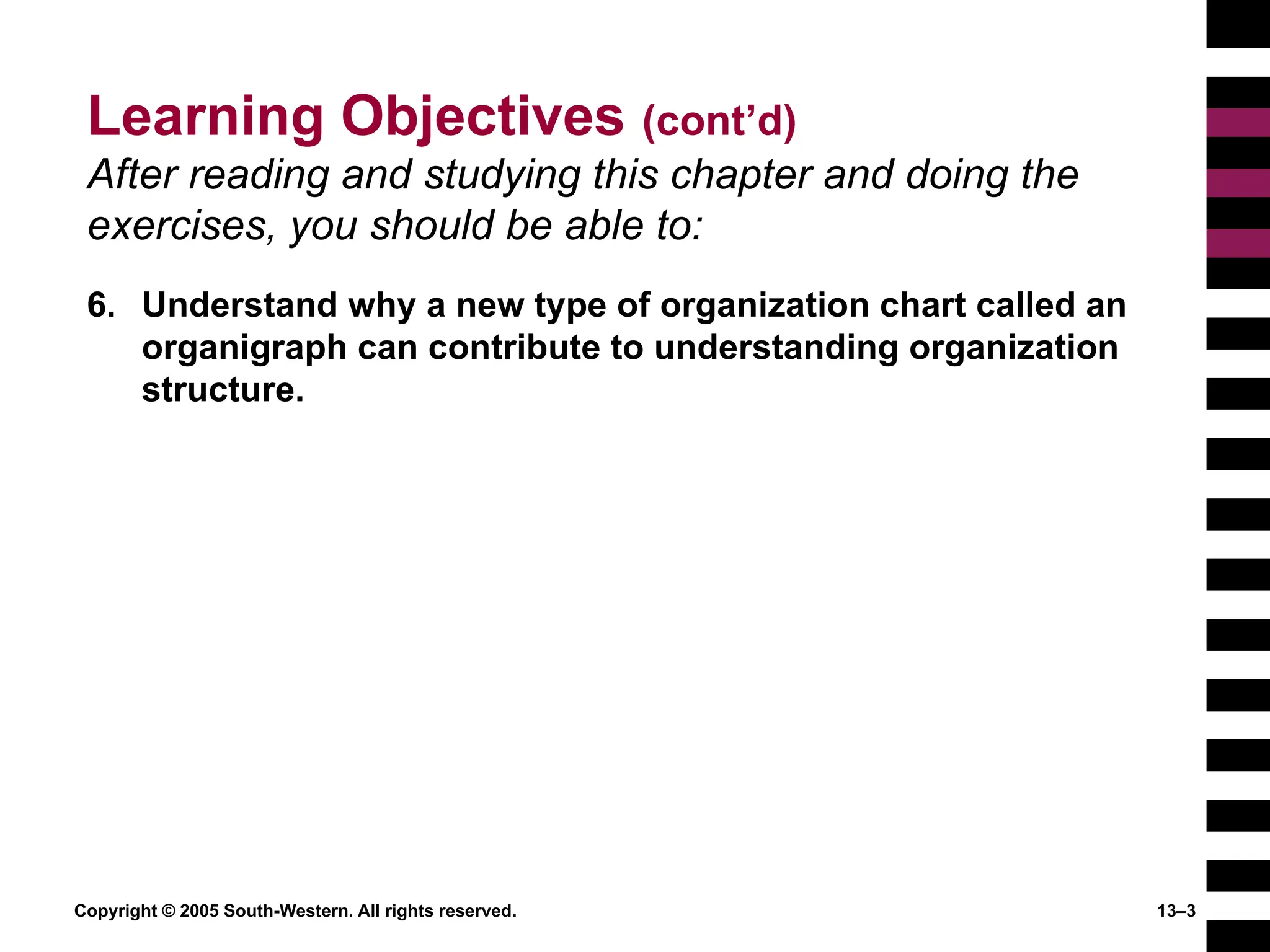 Copyright © 2005 South-Western. All rights reserved. 13–3
Learning Objectives (cont’d)
After reading and studying this chapter and doing the
exercises, you should be able to:
6. Understand why a new type of organization chart called an
organigraph can contribute to understanding organization
structure.
 