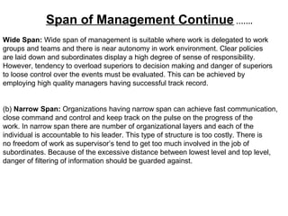 Wide Span: Wide span of management is suitable where work is delegated to work
groups and teams and there is near autonomy in work environment. Clear policies
are laid down and subordinates display a high degree of sense of responsibility.
However, tendency to overload superiors to decision making and danger of superiors
to loose control over the events must be evaluated. This can be achieved by
employing high quality managers having successful track record.
(b) Narrow Span: Organizations having narrow span can achieve fast communication,
close command and control and keep track on the pulse on the progress of the
work. In narrow span there are number of organizational layers and each of the
individual is accountable to his leader. This type of structure is too costly. There is
no freedom of work as supervisor’s tend to get too much involved in the job of
subordinates. Because of the excessive distance between lowest level and top level,
danger of filtering of information should be guarded against.
Span of Management Continue …….
 