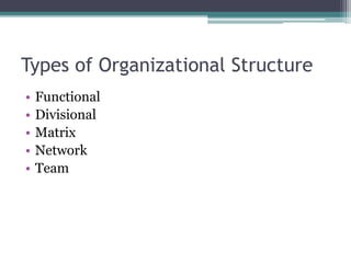 Types of Organizational Structure
• Functional
• Divisional
• Matrix
• Network
• Team
 