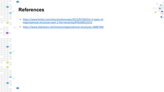 References
• https://www.forbes.com/sites/jacobmorgan/2015/07/06/the-5-types-of-
organizational-structures-part-1-the-hierarchy/#7fe5d8115252
• https://www.slideshare.net/vickram/organizational-structures-26887496
 